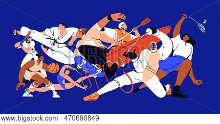 International Different Athlete Group. Sport Activities Mix Concept. Diverse Professional Athletes W