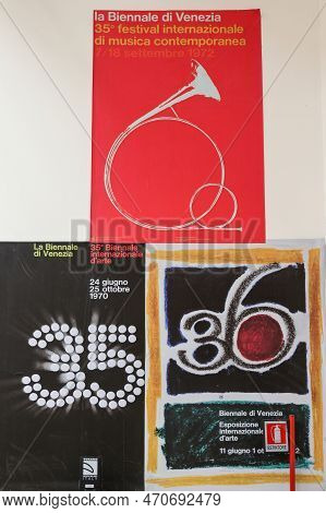 Venice, Italy - September 6, 2022:  59th Venice Art Biennale In Venice. Old Posters Advertising The 