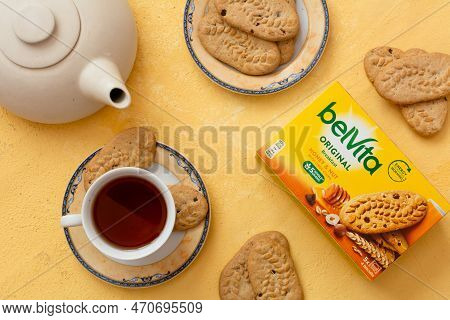 Tiraspol, Moldova - January, 31, 2023: Belvita Breakfast Cookies Box With Smak Honey And Nut With Ch