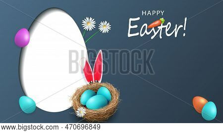 Easter Billboard, Eggs In A Nest, Flowers And An Oval Frame In White
