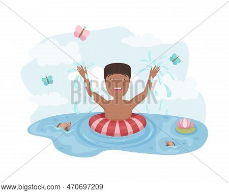 A Child Is Swimming On The Lake. Heerful Dark-skinned Boy Splashes In The Water. Happy Boy With An I