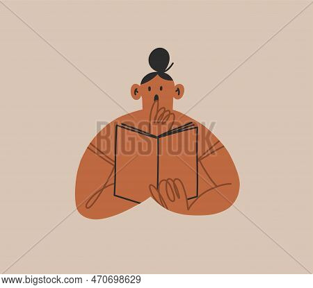Hand Drawn Vector Abstract Cartoon, Doodle Readng Female Character Holding A Book In Her Hands And V