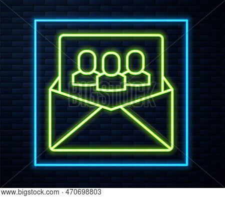 Glowing Neon Line Project Team Base Icon Isolated On Brick Wall Background. Business Analysis And Pl