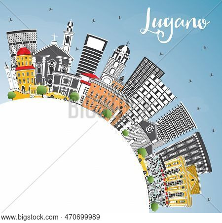 Lugano Switzerland Skyline With Gray Buildings, Blue Sky And Copy Space. Vector Illustration. Busine