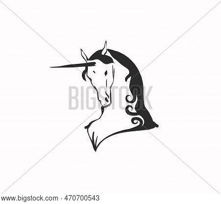 Hand Drawn Vector Abstract Outline, Graphic, Line Art Magic Unicorn Head Portrait In Minimalistic Mo