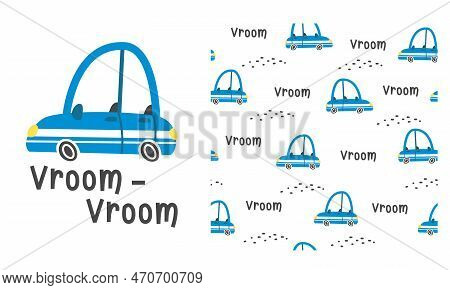 Childrens Seamless Vector Pattern With Cars. Cute Blue Cars. Lettering Vroom. Print And Pattern For 