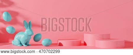 Three Pink Podiums With Easter Eggs, Rabbit And Copy Space. Vibrant Stage For Product, Cosmetic Pres