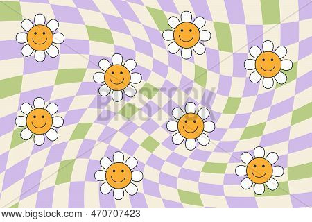 1970s Retro Daisy Pattern Groovy Trippy. Trippy Grid, Wavy Swirl Pattern. Groovy Background. Hippie 