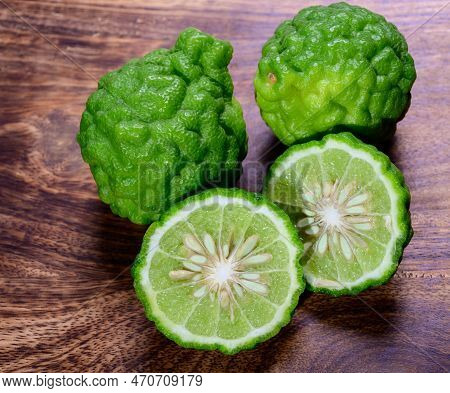 Citrus Hystrix, Kaffir Lime Or Makrut Lime, Citrus Fruit Native To Tropical Southeast Asia. Fruit An
