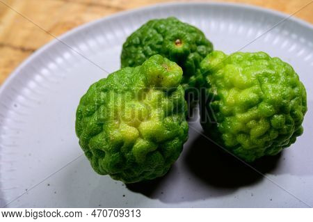 Citrus Hystrix, Kaffir Lime Or Makrut Lime, Citrus Fruit Native To Tropical Southeast Asia. Fruit An