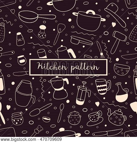Hand Drawn Color Kitchen Seamless Doodle Pattern, Cafe Or House Template Design. Illustration With L