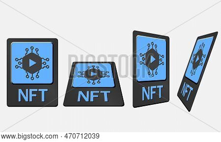 3d Token Nft Cards In Crypto Artwork. Nft Card With Video In Perspective, Top View In Isometric And 
