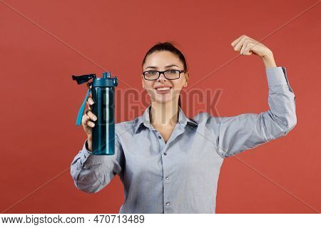 Smiling Young Modern Businesswoman With Bottle Of Water At Office While Working, Business, Work, Wom