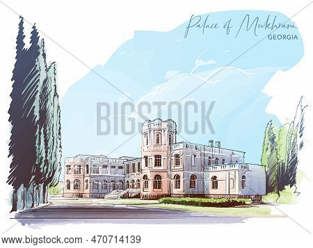 Palace Of Mukhrani. Country Mansion Near Mukhrani Village, Georgia. Sketch For A Postcard Or Travel 