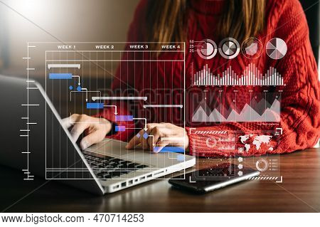 Businessman Hand Project Manager Working And Update Tasks And Gantt Chart Scheduling Virtual Diagram