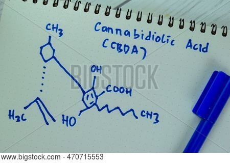 Concept Of Cannabidiolic Acid (cbda) Molecule Written On The White Board. Structural Chemical Formul