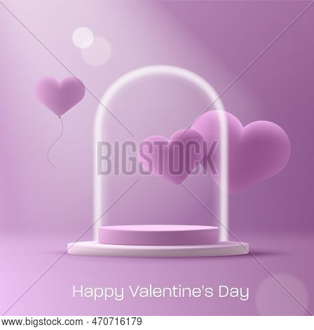 3d Cylinder Podium With Heart Shaped Air Balloons And Neon Arch, Stage Room Scene With Plant, Pastel