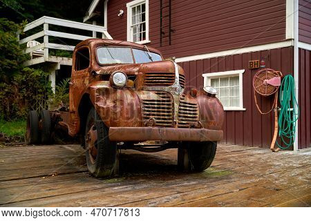 Telegraph Cove, British Columbia, Canada - September 15, 2019. Vintage Truck Telegraph Cove Vancouve
