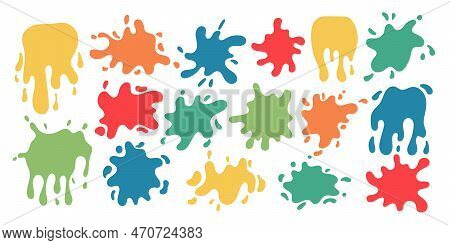 Vector Paint Cartoon Splashes Set. Abstract Splashes, Liquids And Drops. Colorful Paint Splatter Col