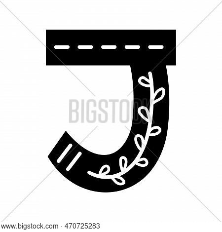 Black And White Scandinavian Ornate Letter J. Folk Font. Letter J In Scandinavian Style.