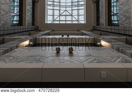 Wroclaw, Poland - April 2022: Beautiful Renovated Interior Of Renoma Shopping Mall With Golden Chand