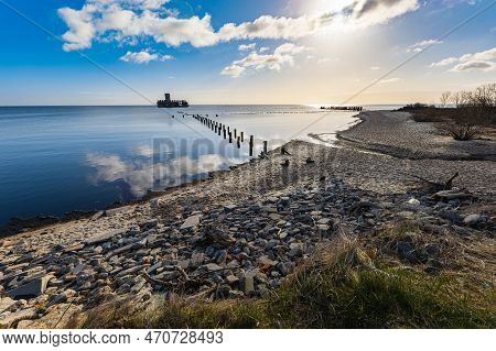 Gdynia, Poland - April 2022: Babie Doly Beach With Old Ruins Of Pier And Ruins Of Torpedo Room On Th
