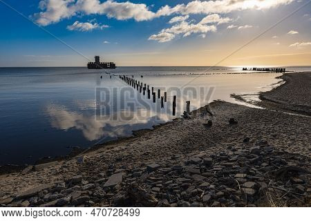 Gdynia, Poland - April 2022: Babie Doly Beach With Old Ruins Of Pier And Ruins Of Torpedo Room On Th