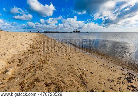 Gdynia, Poland - April 2022: Babie Doly Beach With Old Ruins Of Pier And Ruins Of Torpedo Room On Th
