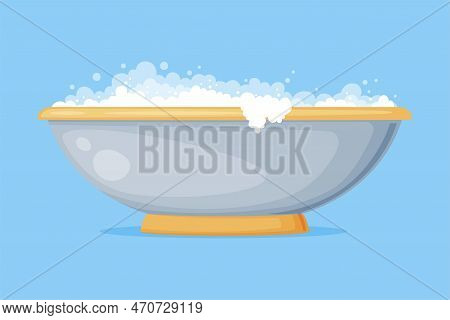 Cast Iron Bathtub On Pedestal Full Of Water With Soap Bubbles Foam Isolated On Blue Background Vecto