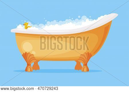 Cast Iron Bathtub On Claw Foot Pedestal Full Of Water With Soap Bubbles Foam Isolated On Blue Backgr