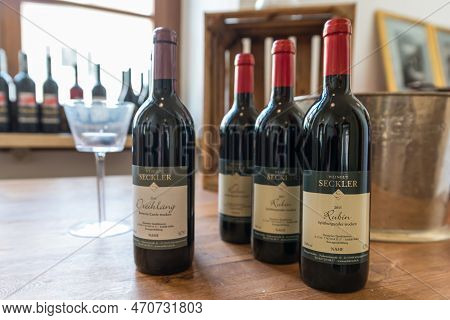 Regensburg, Bavaria, Germany, April 27, 2019,  The Wine Varieties Dreiklang And Rubin Of The Winery 
