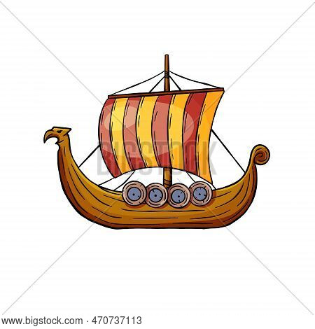 Viking Boat. Nordic Drakkar. Longship With Oars. Cartoon Scandinavian Sailboat. Swedish Warship