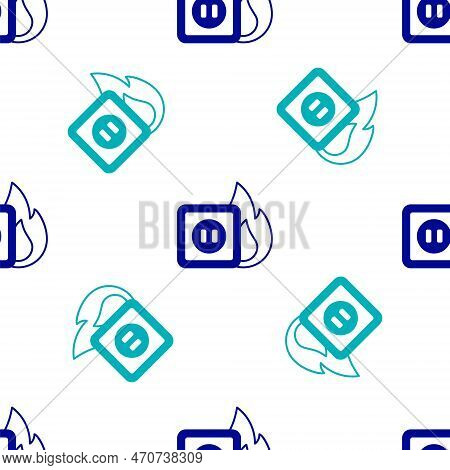 Blue Electric Wiring Of Socket In Fire Icon Isolated Seamless Pattern On White Background. Electrica