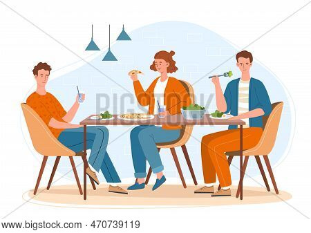 Dinner With Friends. Men And Woman Sit At Table With Food And Eat Healthy Meal, Right Nutrition. Res
