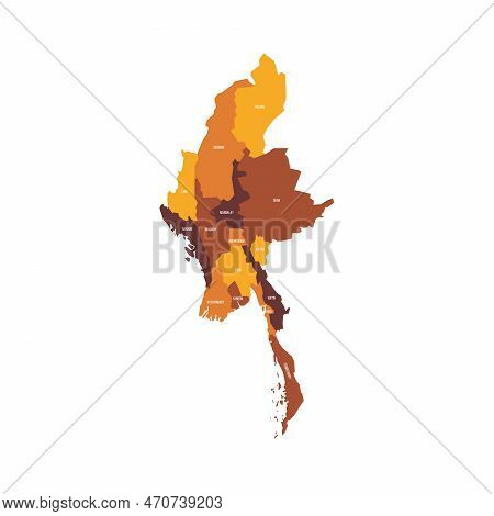Myanmar Political Map Of Administrative Divisions - States, Regions And Naypyitaw Union Territory. F