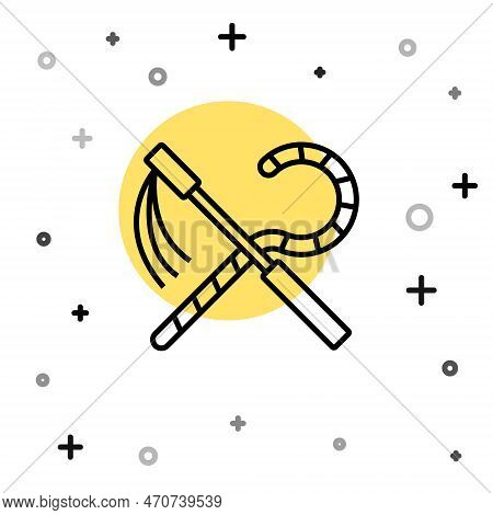 Black Line Crook And Flail Icon Isolated On White Background. Ancient Egypt Symbol. Scepters Of Egyp