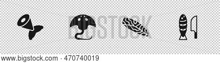 Set Fish Tail, Stingray, Steak And With Sliced Pieces Icon. Vector