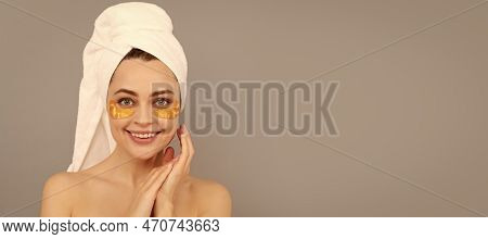 Eye Patches, Patch Under Eyes. Happy Woman With Terry Towel Use Facial Golden Eye Patch For Skin, Sk