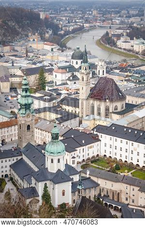 Salzburg Historic City Centre With Ancient Churches. Saint Peter's Abbey(foreground), Franciscan Chu