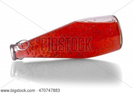 Red Drinks With Basil Seeds Or Falooda Seeds Or Tukmaria In Bottle