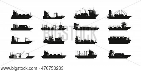 Black Cargo Ships. Commercial Sea Transportation Vessels, Tanker Carrying Heavy Containers, Shipping