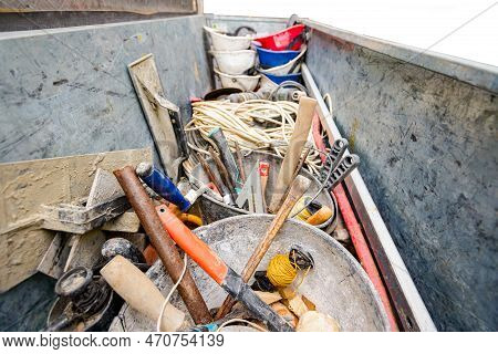 Steel Crate, Container, Toolbox Overfull Of Many Different Tools Were Placed In The Truck Trailer On