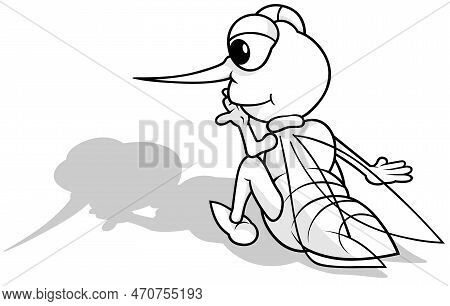 Drawing Of A Striped Mosquito Sitting On The Ground From Rear View - Cartoon Illustration Isolated O