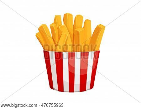 Cartoon French Fries Isolated Vector Box With Fried Potato Sticks. Red And White Striped Container W