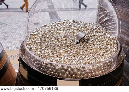 Silver Chocolate Candies Caramel Sold In Self Service Store Wooden Barrels Chests Close To Shop Wind