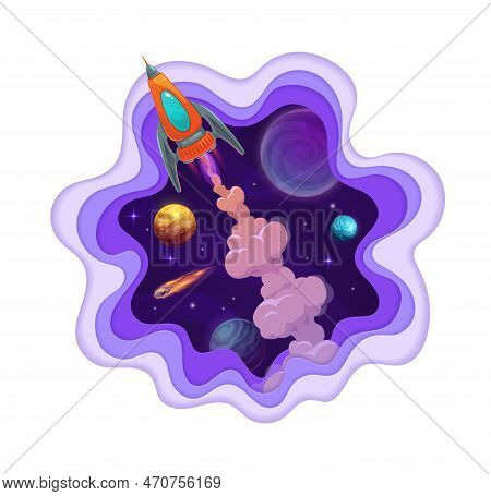 Space Rocket Launch Paper Cut. Cartoon Vector 3d Wavy Double Exposition Frame With Spaceship Takeoff