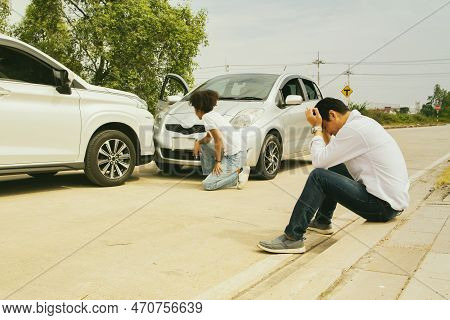 Asian Man And African American Woman Driver Sitting Stressed Serious Accident Driving Illegal Traffi