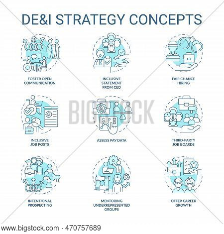 Dei Strategy In Workplace Turquoise Concept Icons Set. Diversity, Equity And Inclusion Idea Thin Lin