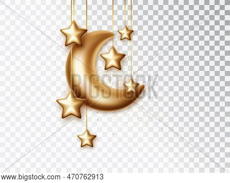 Realistic Crescent Moons With Hanging Stars Omposition For Islamic Holy Month Decoration Isolated. D