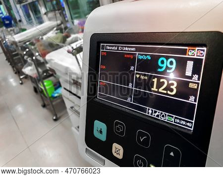 Close Up Of Bp, Vital Sign And Heart Rate Monitor In Hospital.